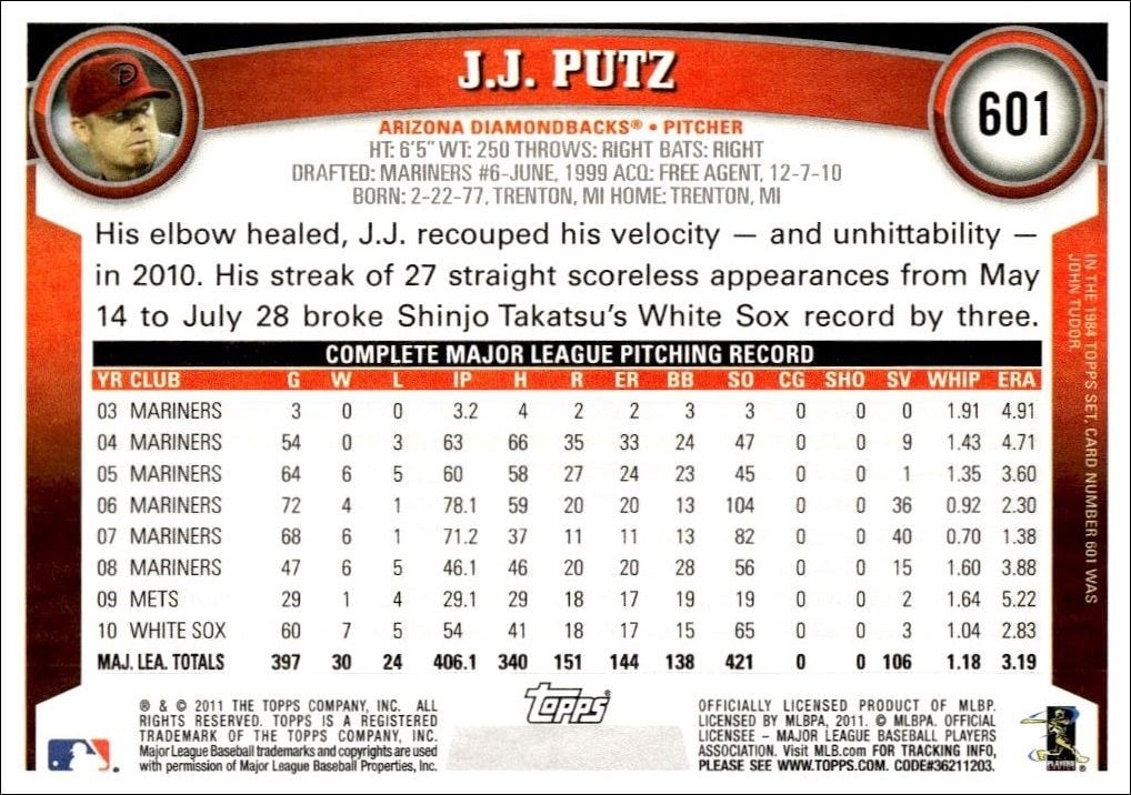 2011 Topps Series 2 J.J. Putz #601 baseball trading card back