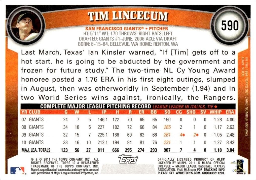 2011 Topps Series 2 Tim Lincecum #590 baseball trading card back