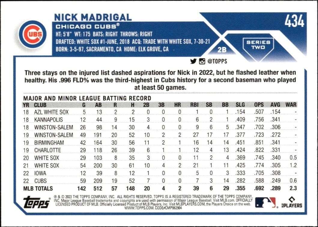2023 Topps Series 2 Nick Madrigal #434 baseball trading card back