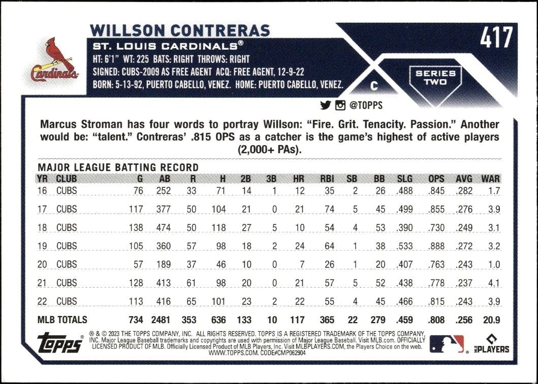 2023 Topps Series 2 Willson Contreras #417 baseball trading card back