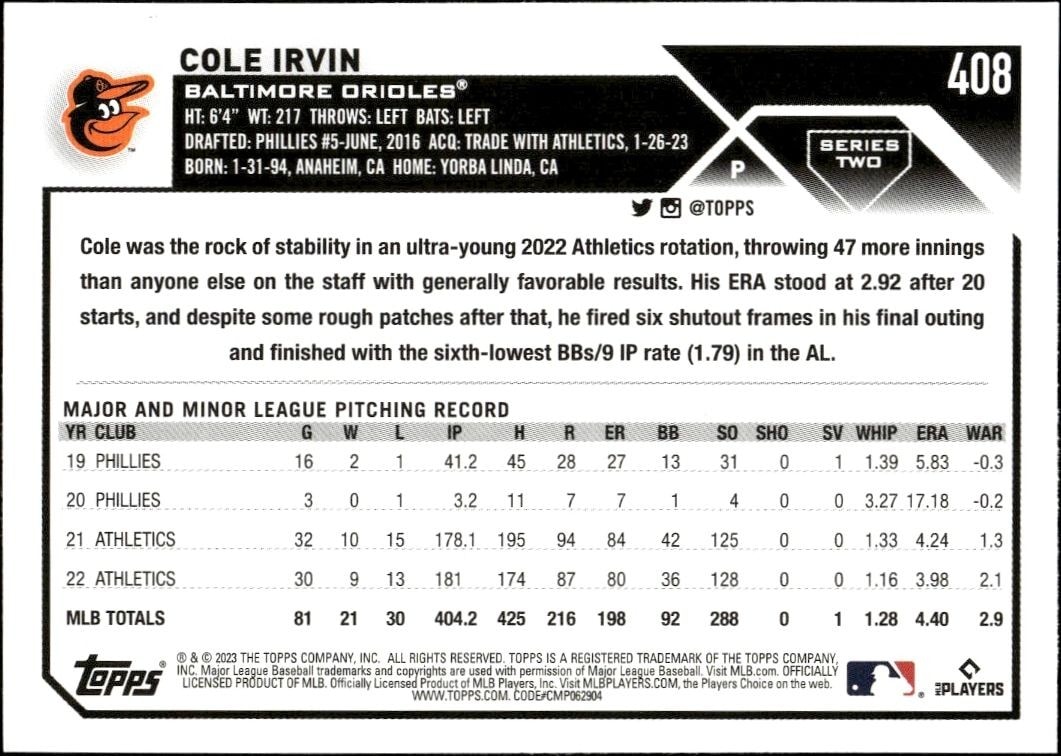 2023 Topps Series 2 Cole Irvin #408 baseball trading card back