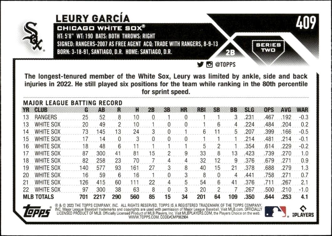 2023 Topps Series 2 Leury Garcia #409 baseball trading card back