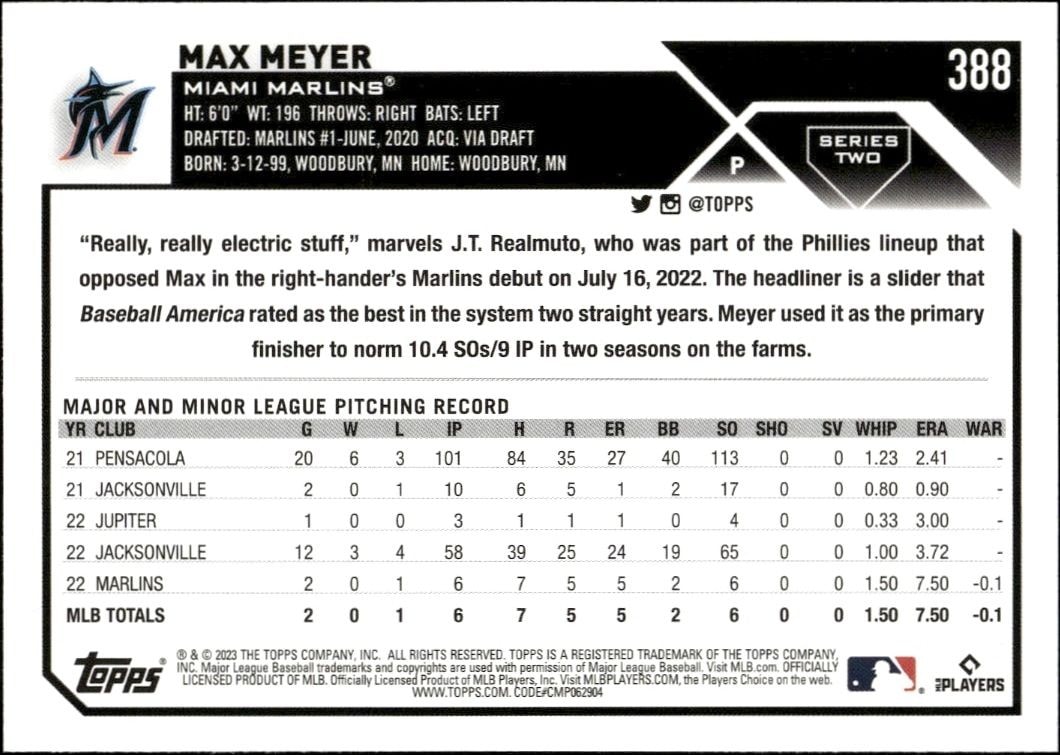 2023 Topps Series 2 Max Meyer #388 baseball trading card back