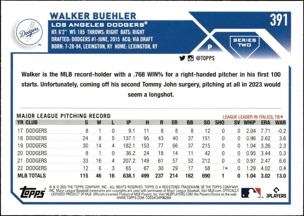 2023 Topps Series 2 Walker Buehler #391 baseball trading card back