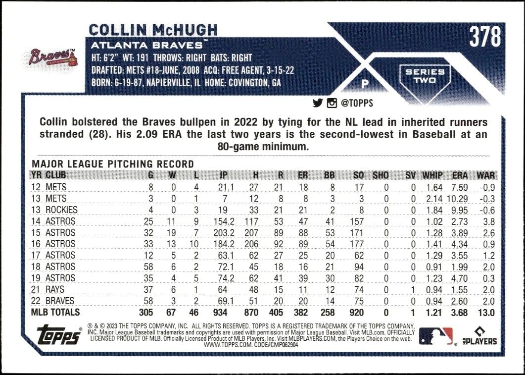 2023 Topps Series 2 Collin McHugh #378 baseball trading card back