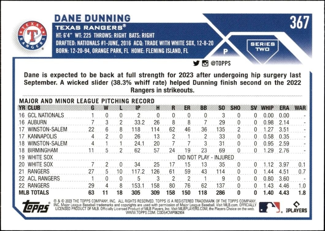 2023 Topps Series 2 Dane Dunning #367 baseball trading card back