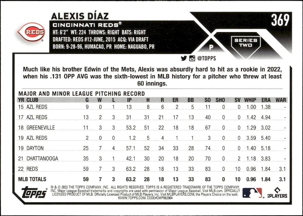 2023 Topps Series 2 Alexis Diaz #369 baseball trading card back