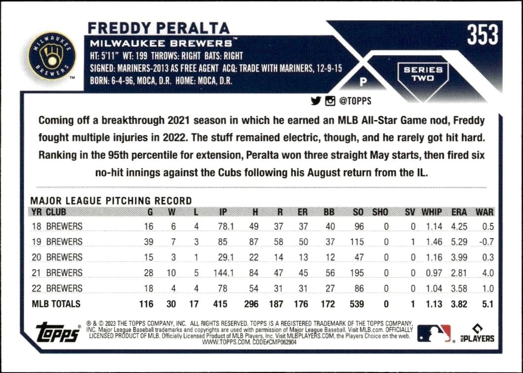 2023 Topps Series 2 Freddy Peralta #353 baseball trading card back