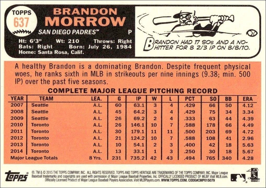 2015 Topps Heritage High Number Brandon Morrow #637 baseball trading card back