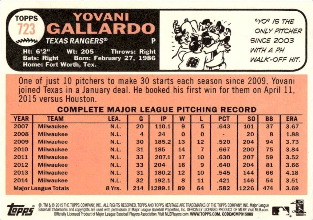 2015 Topps Heritage High Number Yovani Gallardo #723 baseball trading card back