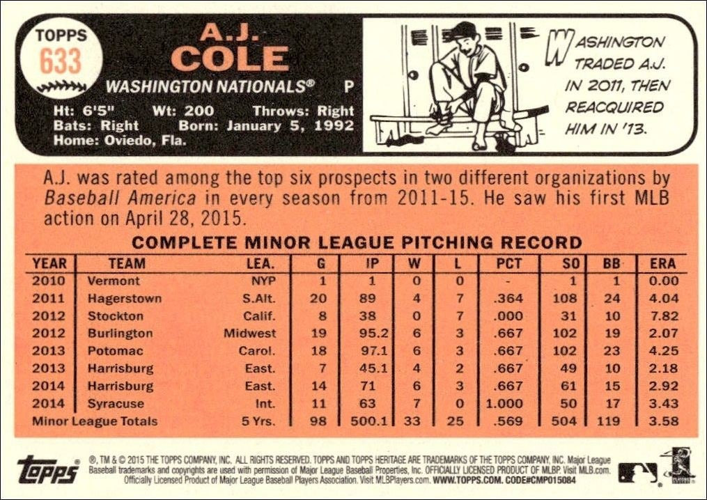 2015 Topps Heritage High Number A.J. Cole #633 baseball trading card back