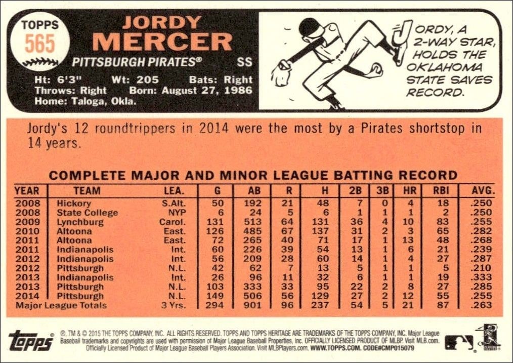 2015 Topps Heritage High Number Jordy Mercer #565 baseball trading card back