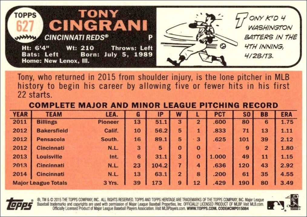 2015 Topps Heritage High Number Tony Cingrani #627 baseball trading card back