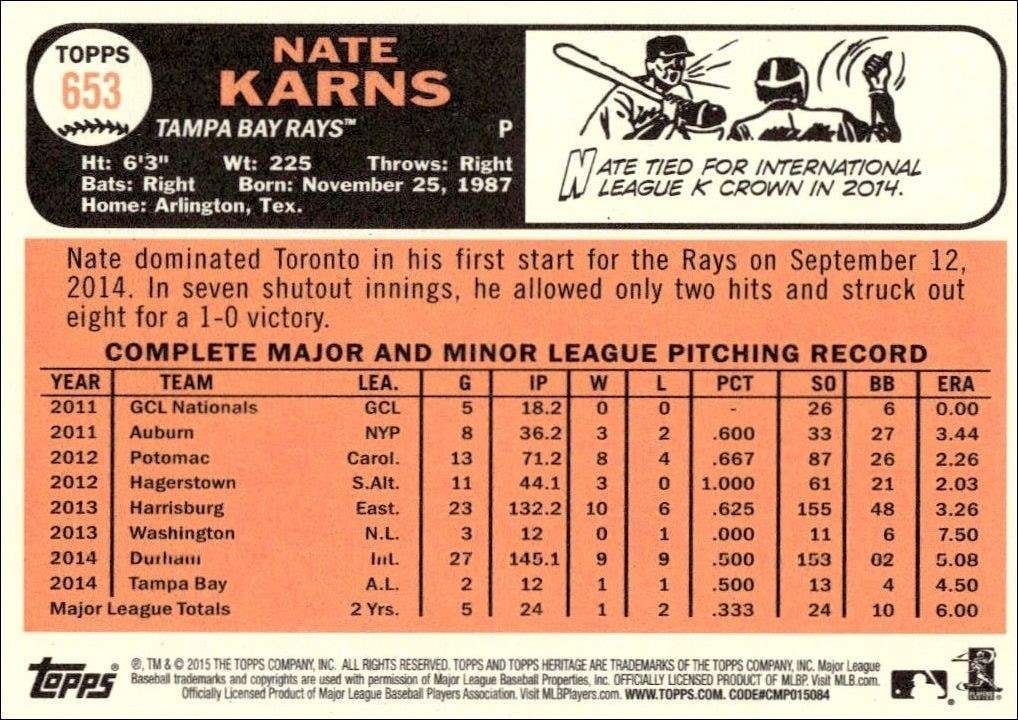 2015 Topps Heritage High Number Nate Karns #653 baseball trading card back
