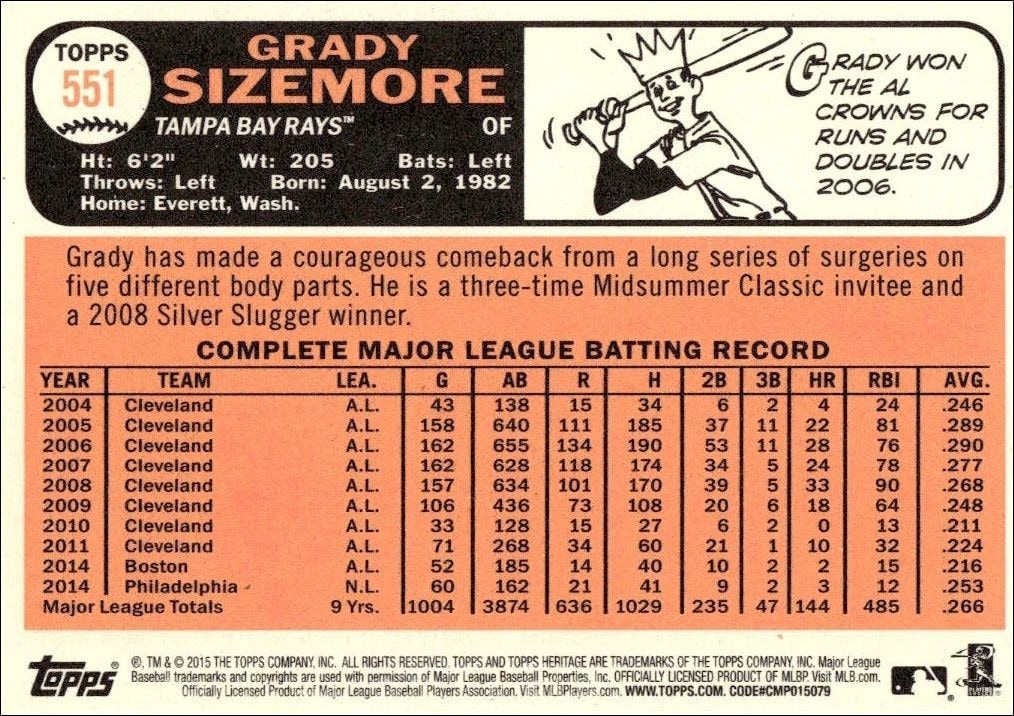 2015 Topps Heritage High Number Grady Sizemore #551 baseball trading card back