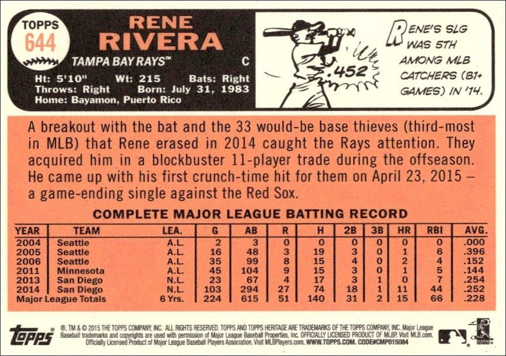 2015 Topps Heritage High Number Rene Rivera #644 baseball trading card back