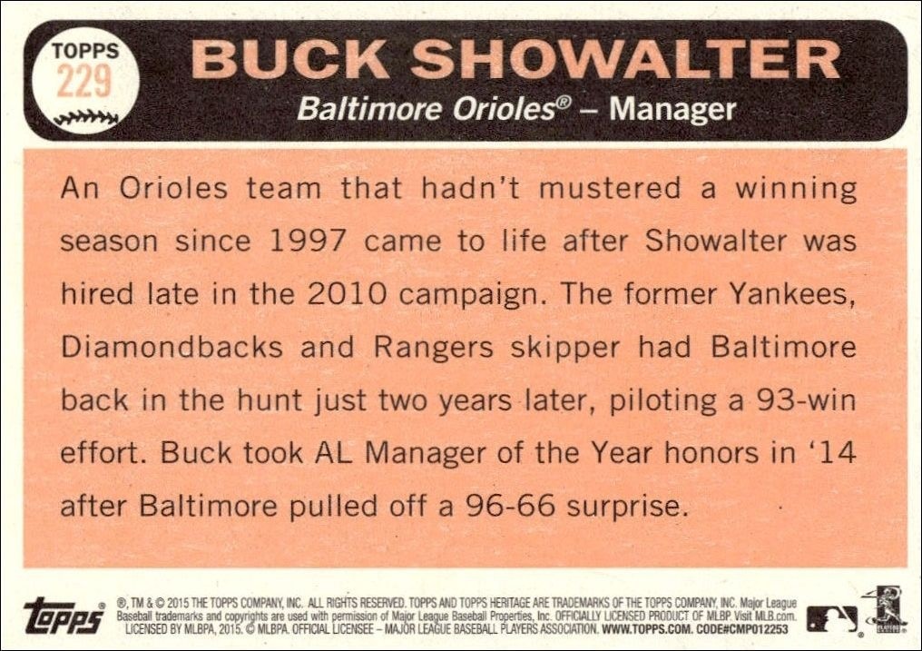 2015 Topps Heritage Buck Showalter #229 baseball trading card back