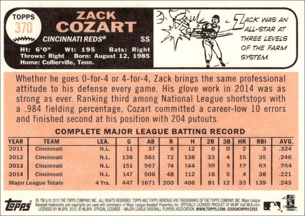 2015 Topps Heritage Zack Cozart #370 baseball trading card back