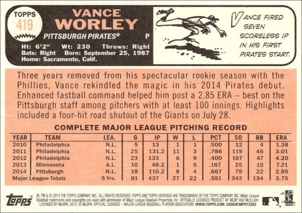 2015 Topps Heritage Vance Worley #419 baseball trading card back