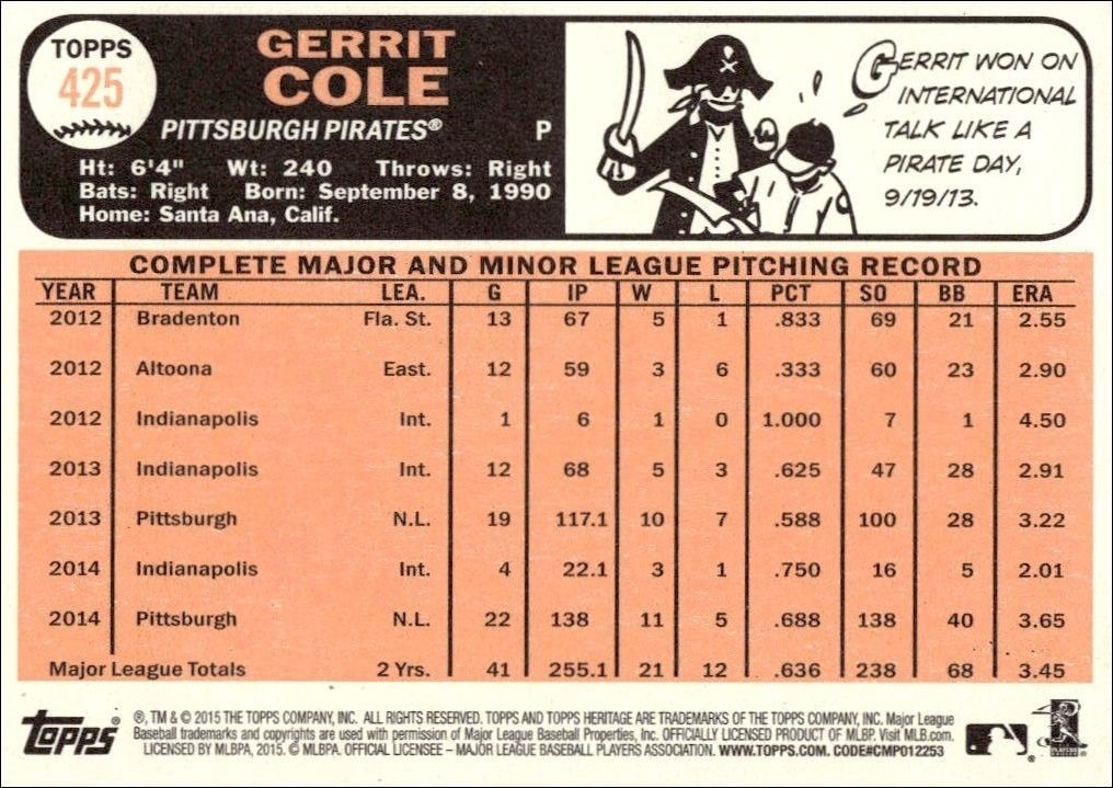 2015 Topps Heritage Gerrit Cole #425 baseball trading card back