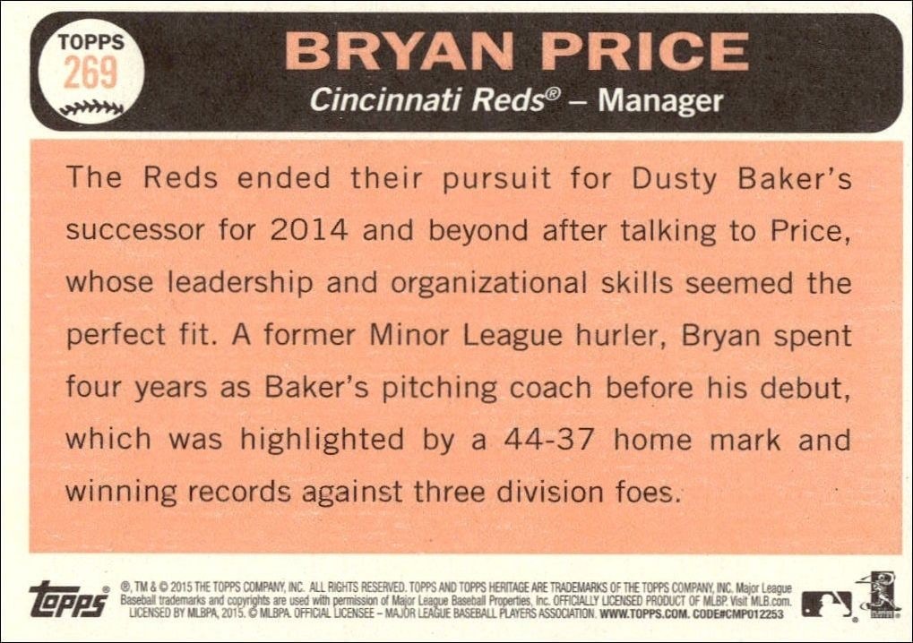 2015 Topps Heritage Bryan Price #269 baseball trading card back