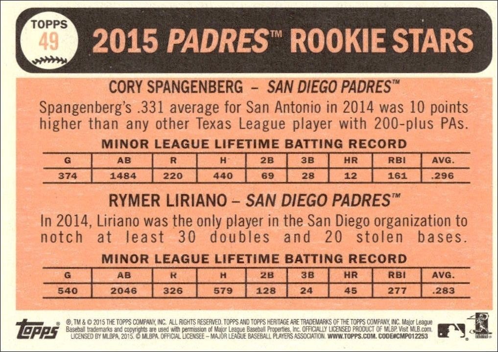 2015 Topps Heritage Cory Spangenberg #49 baseball trading card back