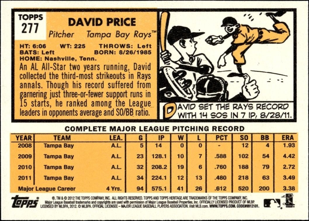 2012 Topps Heritage David Price #277 baseball trading card back