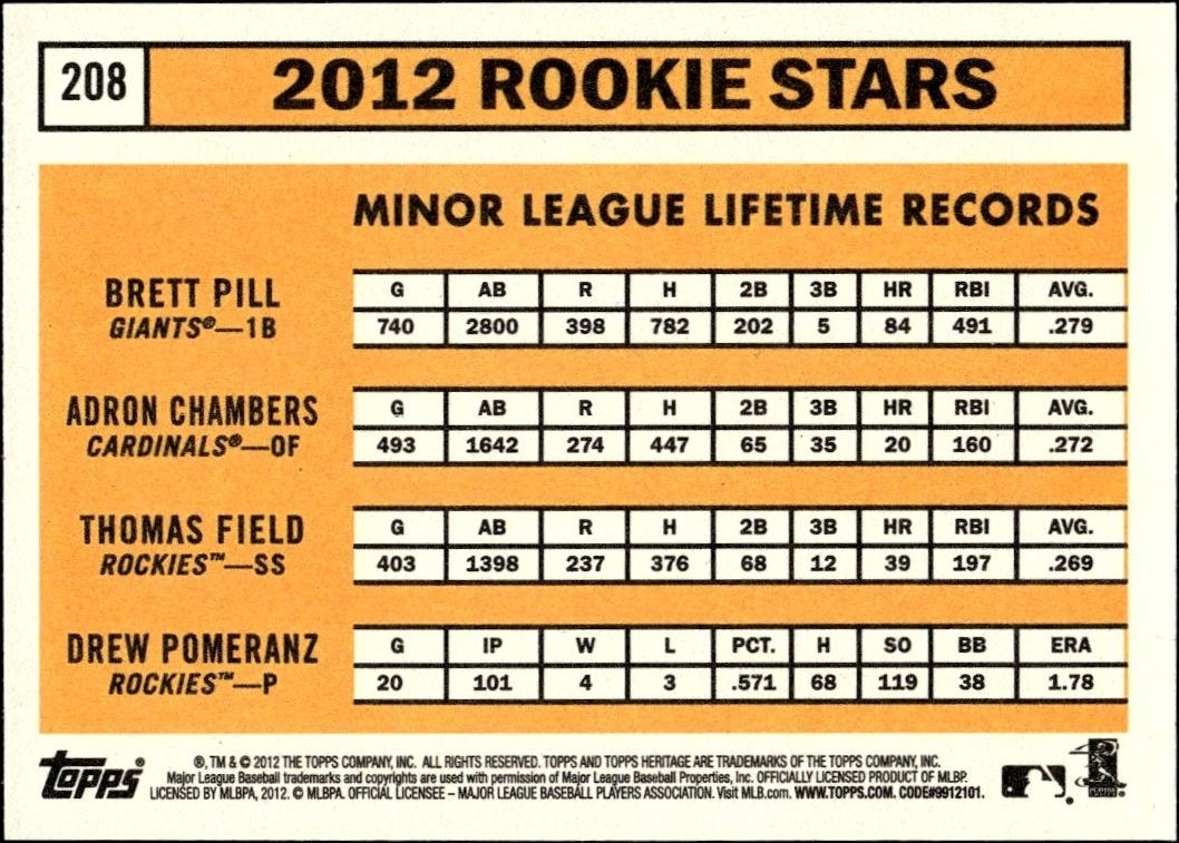 2012 Topps Heritage Brett Pill #208 baseball trading card back