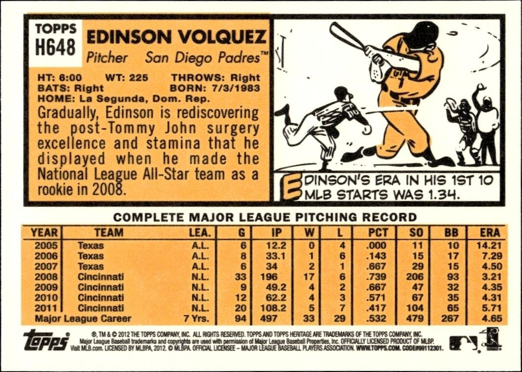 2012 Topps Heritage High Number Edinson Volquez #H648 baseball trading card back