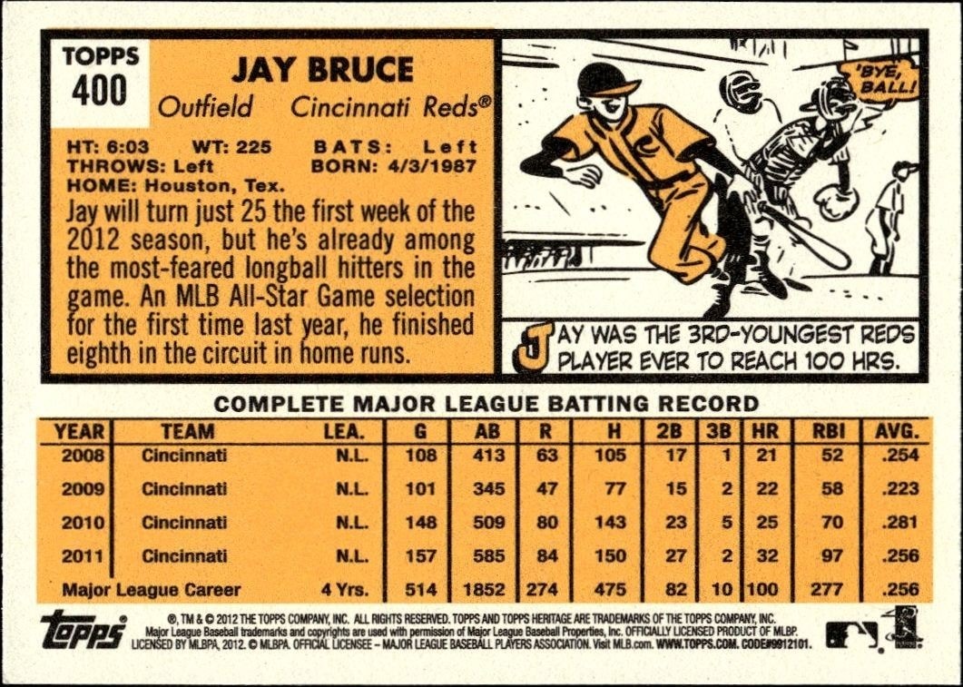 2012 Topps Heritage Jay Bruce #400 baseball trading card back