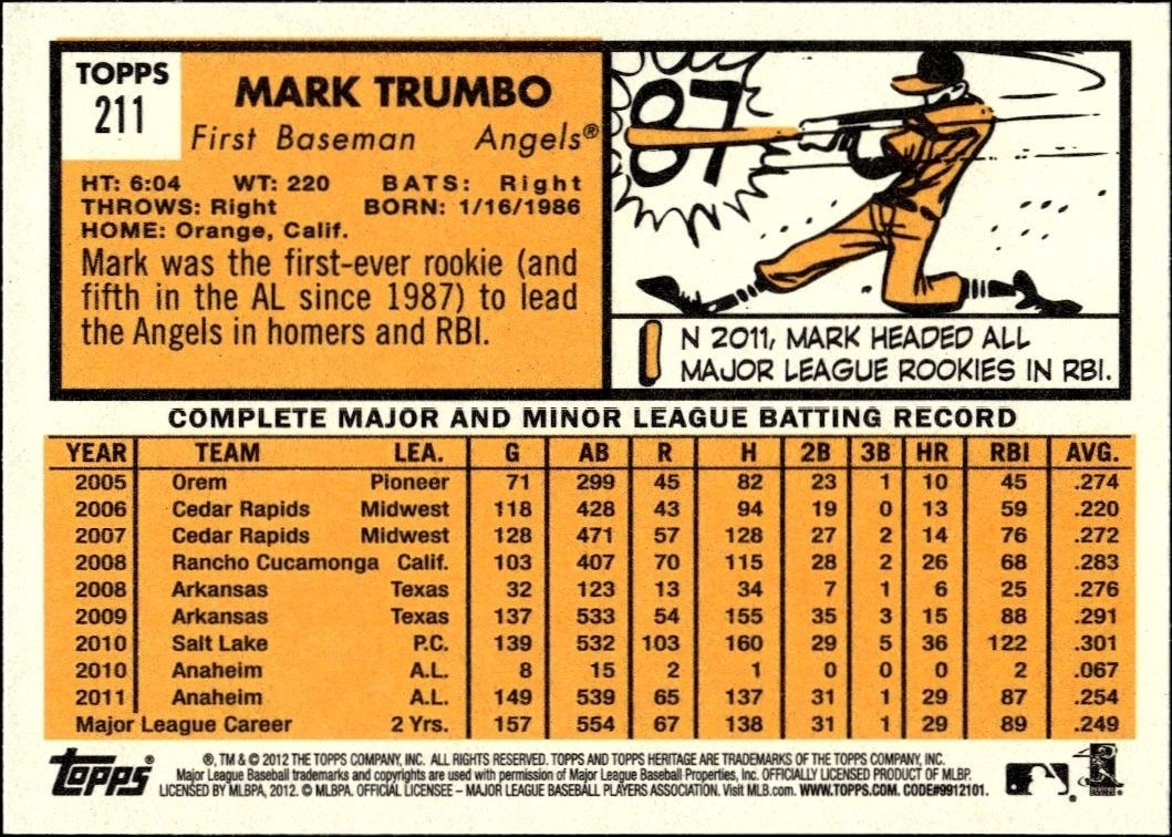 2012 Topps Heritage Mark Trumbo #211 baseball trading card back
