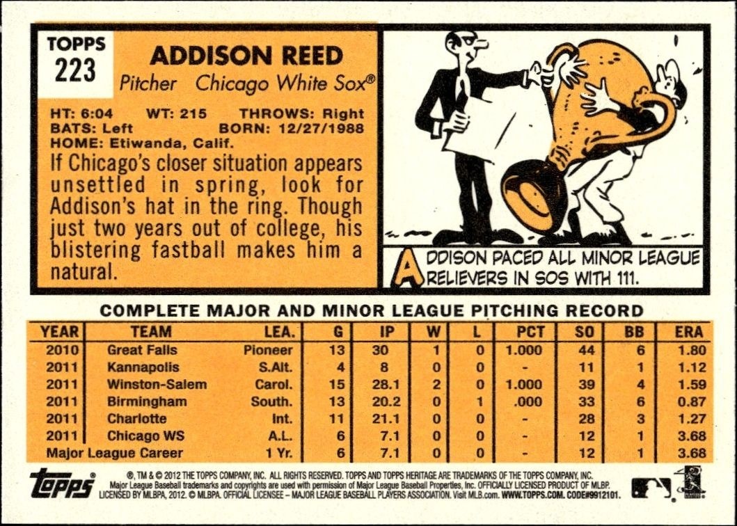 2012 Topps Heritage Addison Reed #223 baseball trading card back