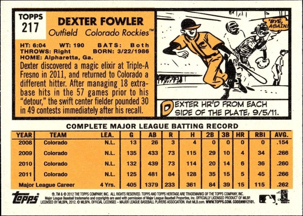 2012 Topps Heritage Dexter Fowler #217 baseball trading card back