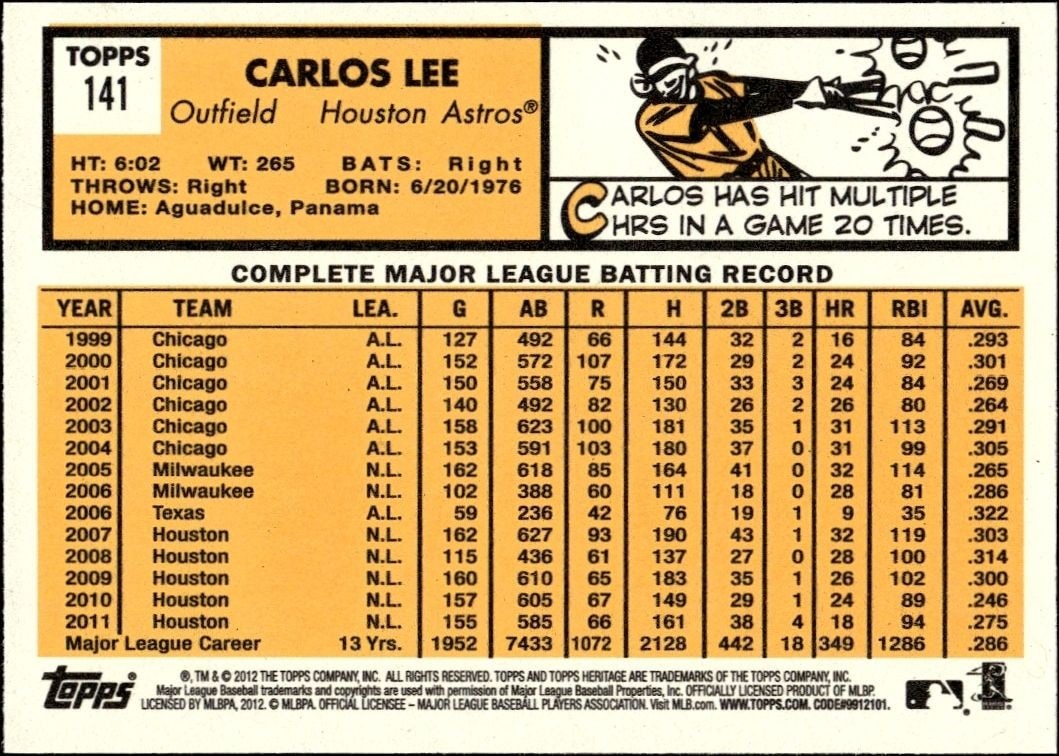 2012 Topps Heritage Carlos Lee #141 baseball trading card back