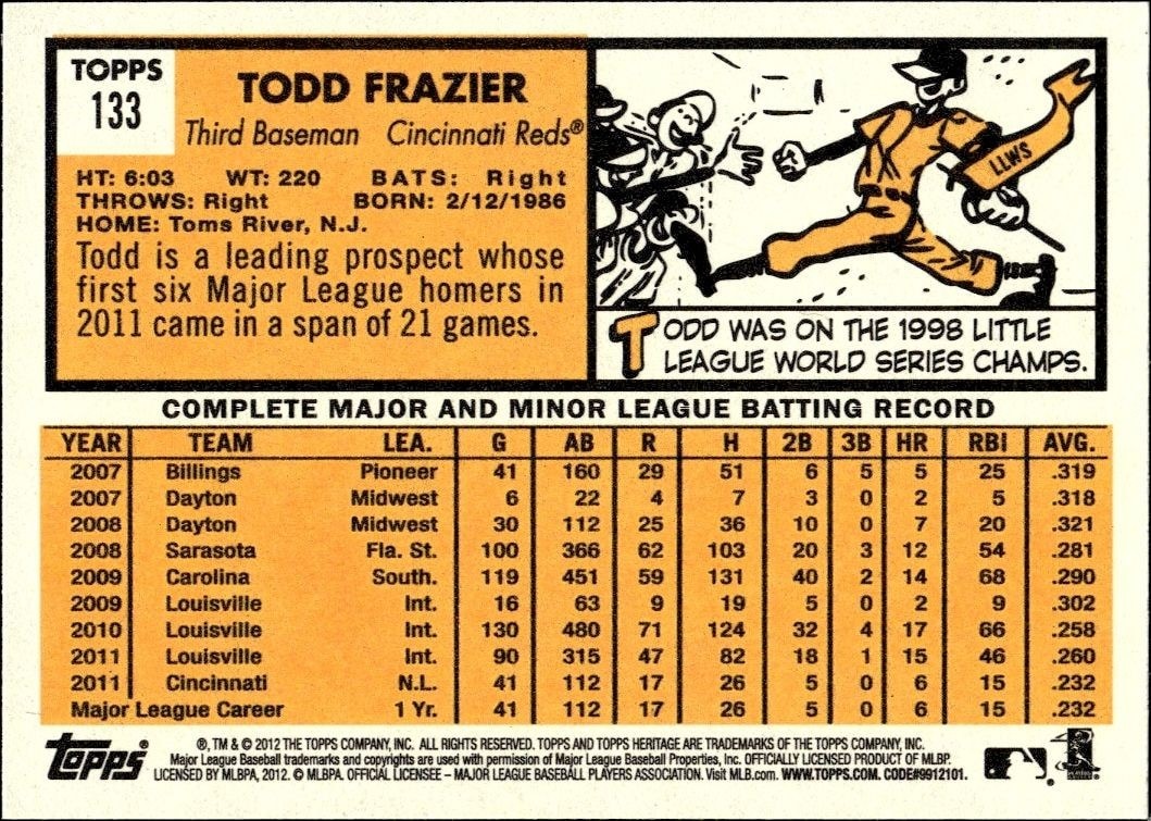 2012 Topps Heritage Todd Frazier #133 baseball trading card back