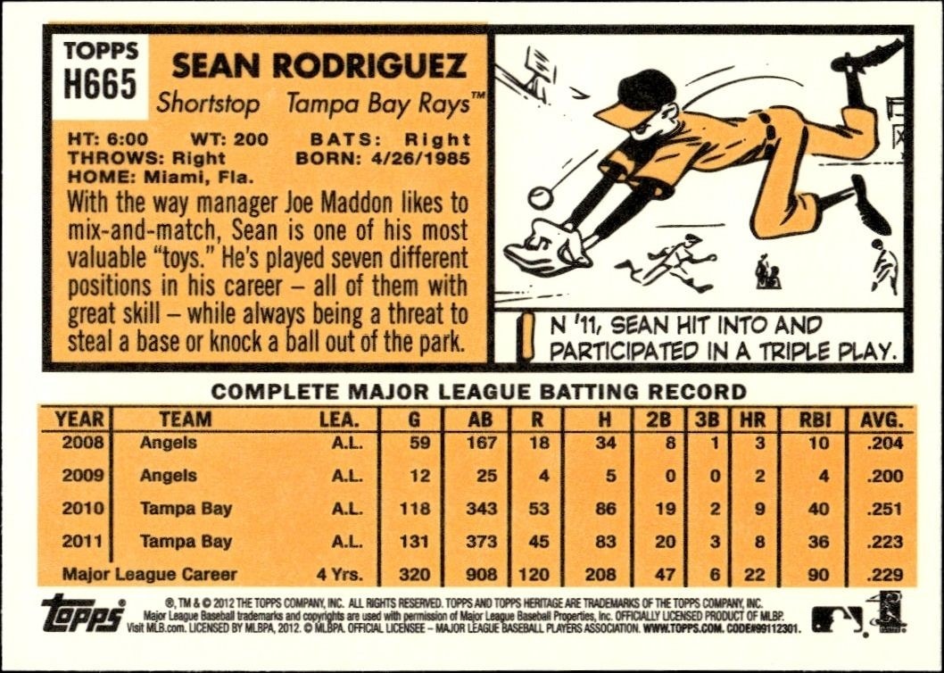 2012 Topps Heritage High Number Sean Rodriguez #H665 baseball trading card back
