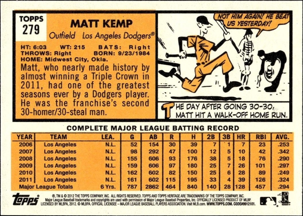 2012 Topps Heritage Matt Kemp #279 baseball trading card back