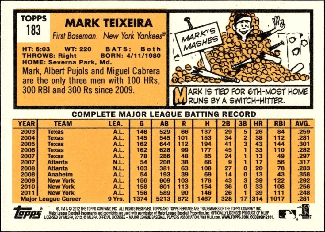 2012 Topps Heritage Mark Teixeira #183 baseball trading card back