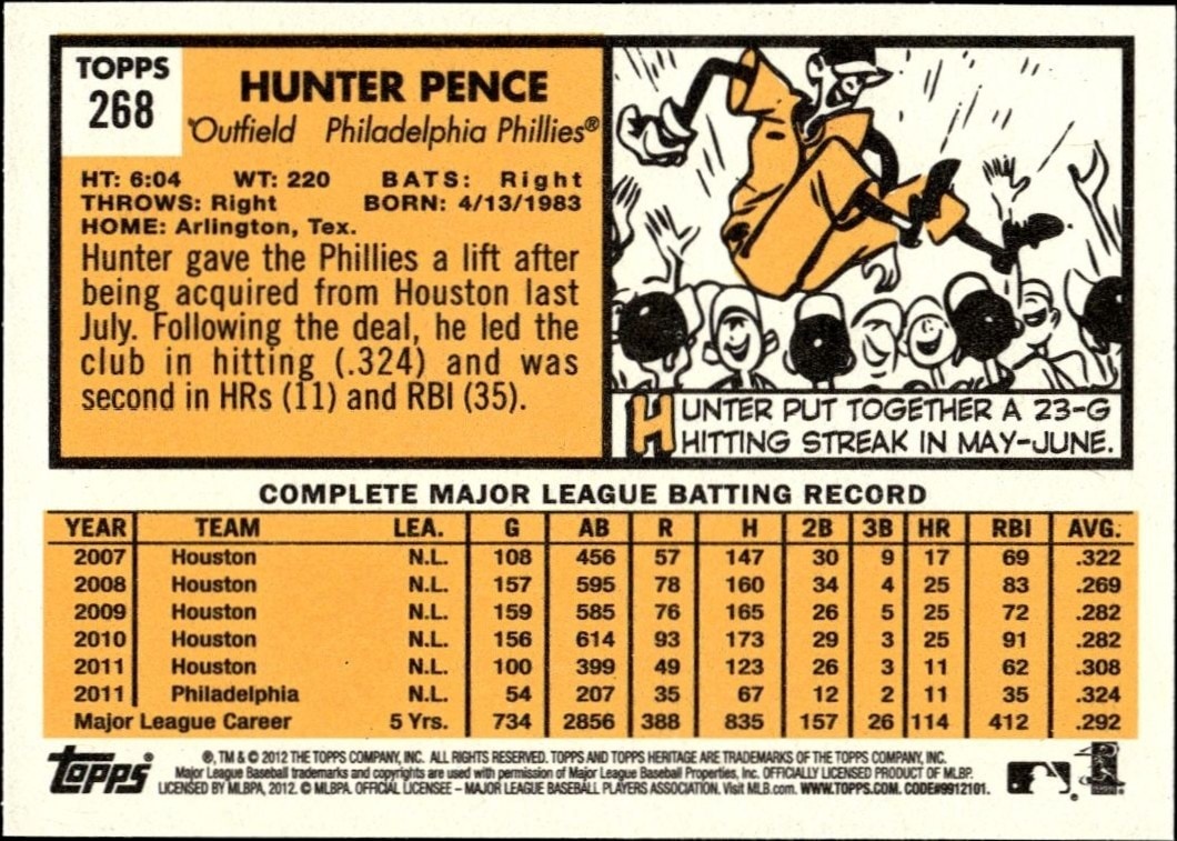 2012 Topps Heritage Hunter Pence #268 baseball trading card back