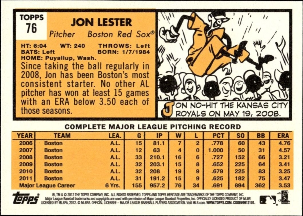 2012 Topps Heritage Jon Lester #76 baseball trading card back