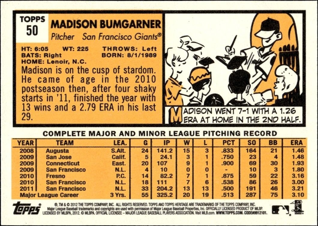 2012 Topps Heritage Madison Bumgarner #50 baseball trading card back