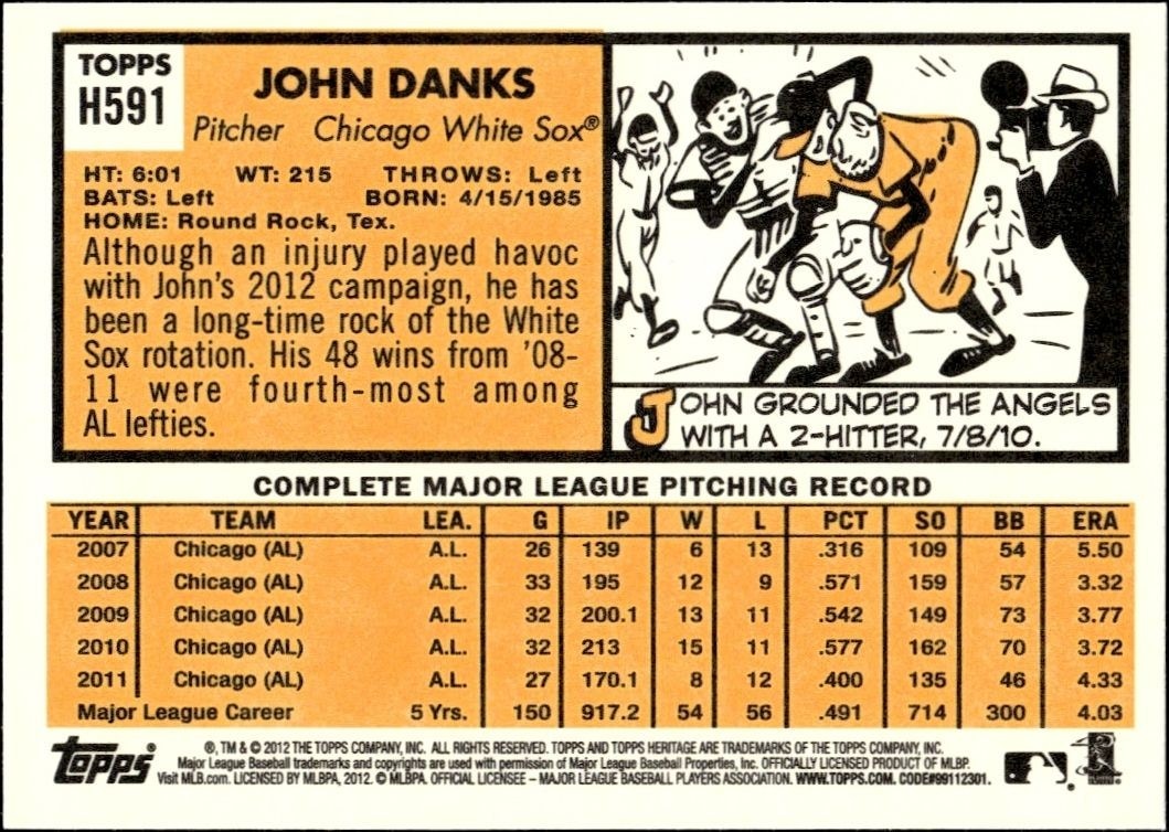 2012 Topps Heritage High Number John Danks #H591 baseball trading card back