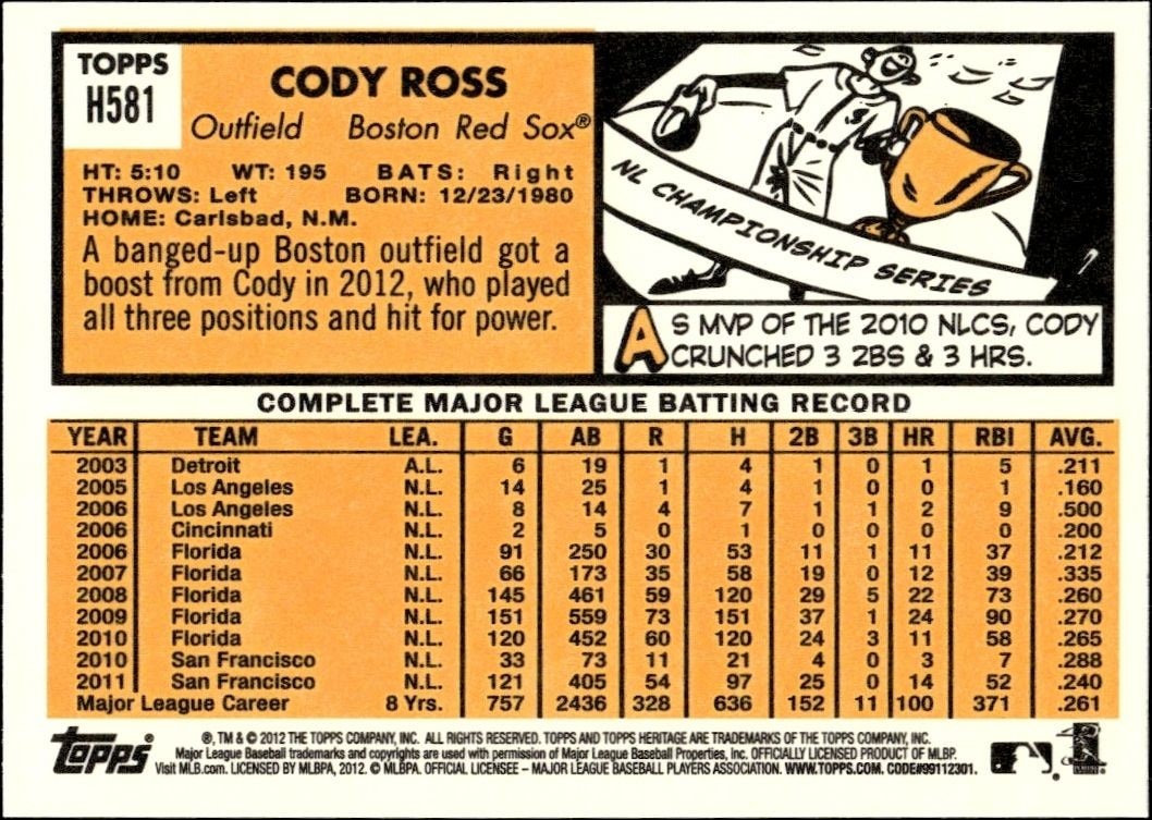 2012 Topps Heritage High Number Cody Ross #H581 baseball trading card back