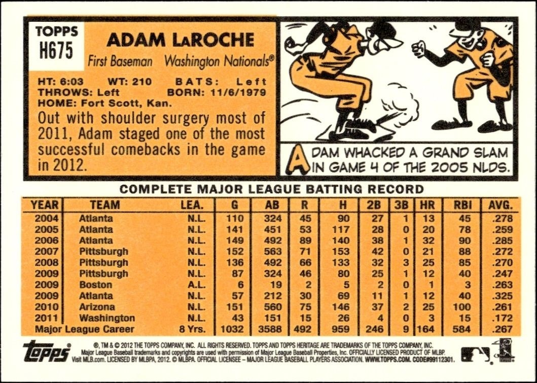 2012 Topps Heritage High Number Adam LaRoche #H675 baseball trading card back