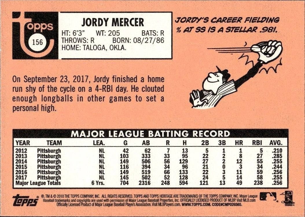 2018 Topps Heritage Jordy Mercer #156 baseball trading card back