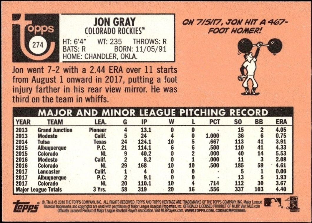 2018 Topps Heritage Jon Gray #274 baseball trading card back