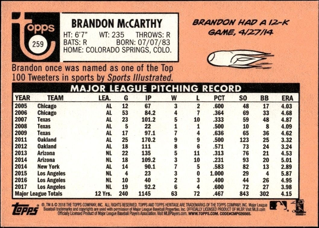 2018 Topps Heritage Brandon McCarthy #259 baseball trading card back