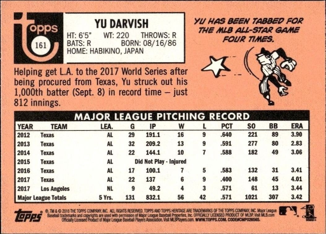 2018 Topps Heritage Yu Darvish #161 baseball trading card back