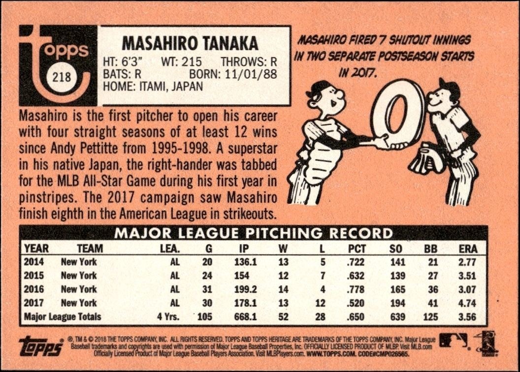 2018 Topps Heritage Masahiro Tanaka #218 baseball trading card back