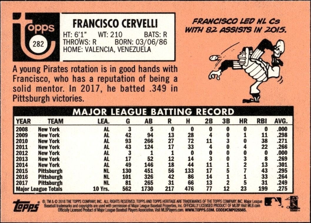 2018 Topps Heritage Francisco Cervelli #282 baseball trading card back